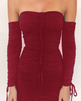  Trendy Dew Shoulder Drape Design Wine Red Polyester Sheath Mini Dress