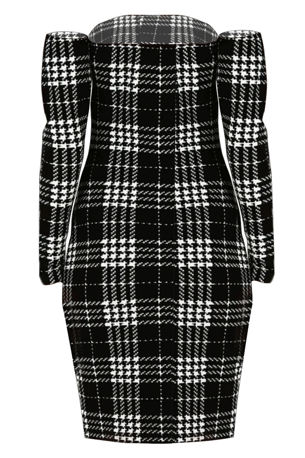  Trendy Dew Shoulder Grid Polyester Sheath Knee Length Dress