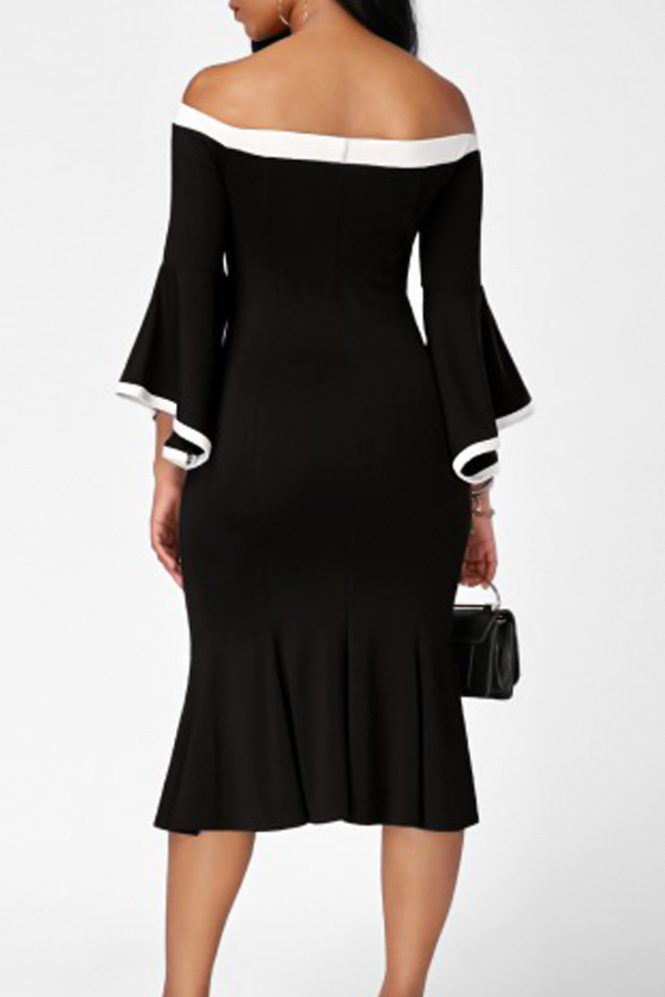  Trendy Dew Shoulder Patchwork Black Knee Length Dress