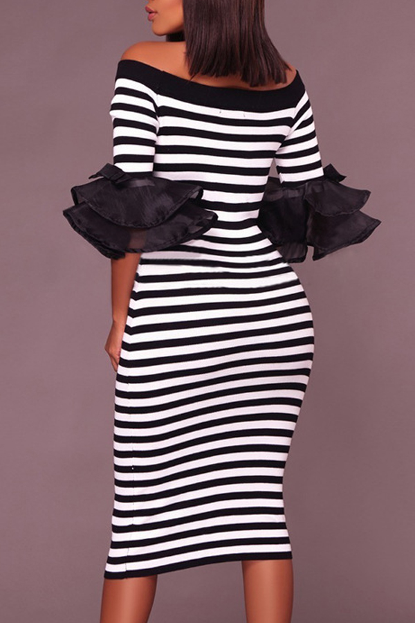  Trendy Dew Shoulder Striped Gauze Splicing Polyester Sheath Mid Calf Dress