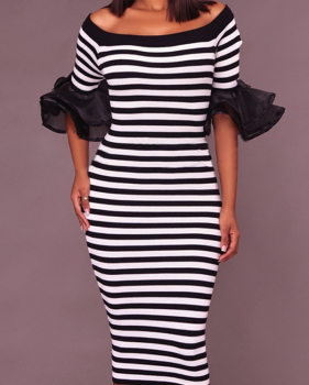  Trendy Dew Shoulder Striped Gauze Splicing Polyester Sheath Mid Calf Dress