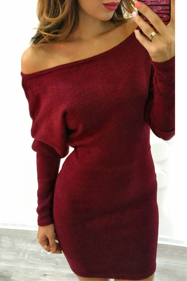  Trendy Dew Shoulder Wine Red Polyester Sheath Mini Dress