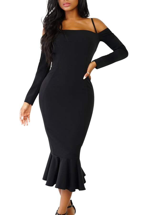  Trendy Falbala Design Black Polyester Sheath Mid Calf Dress