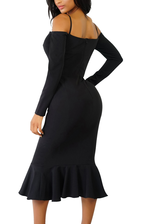  Trendy Falbala Design Black Polyester Sheath Mid Calf Dress