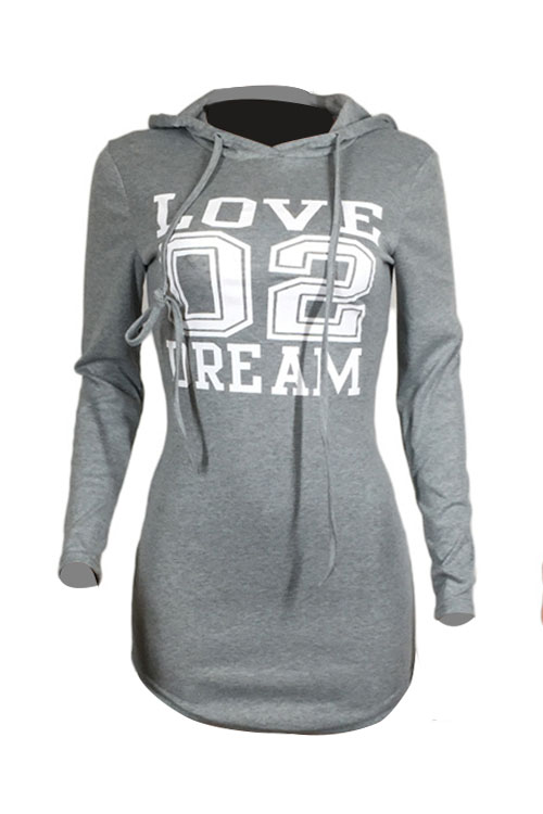  Trendy Hooded Collar Letters Printed Grey Cotton Blend Mini Dress