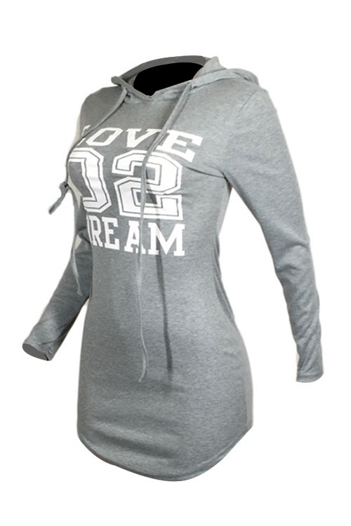  Trendy Hooded Collar Letters Printed Grey Cotton Blend Mini Dress