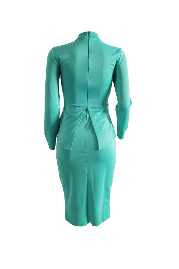  Trendy Round Neck Drape Collage Design Green Polyester Sheath Mid Calf Dress