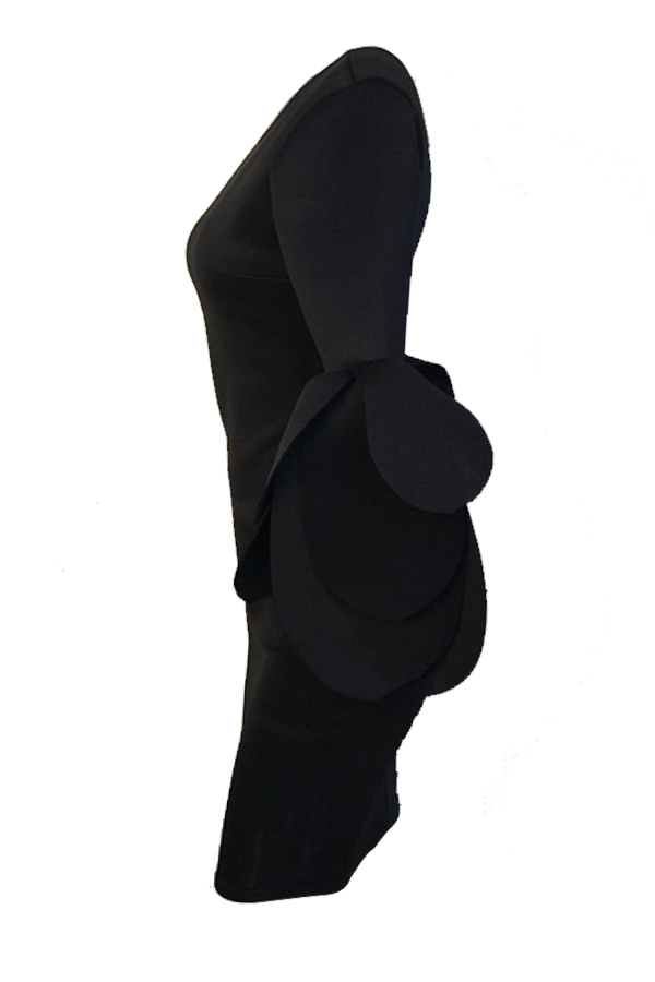  Trendy Round Neck Horn Sleeves Black Cotton Blend Sheath Knee Length Dress