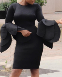  Trendy Round Neck Horn Sleeves Black Cotton Blend Sheath Knee Length Dress