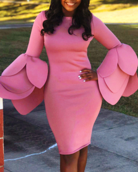  Trendy Round Neck Horn Sleeves Pink Cotton Blend Sheath Knee Length Dress