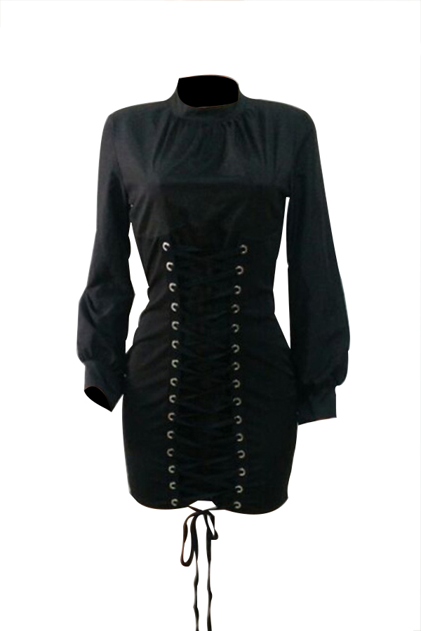  Trendy Round Neck Lace-up Black Polyester Sheath Mini Dress