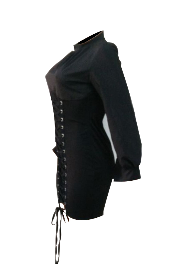  Trendy Round Neck Lace-up Black Polyester Sheath Mini Dress
