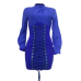  Trendy Round Neck Lace-up Blue Polyester Sheath Mini Dress