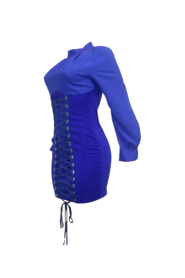  Trendy Round Neck Lace-up Blue Polyester Sheath Mini Dress