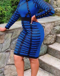  Trendy Round Neck Printed Navy Blue Polyester Sheath Mini Dress