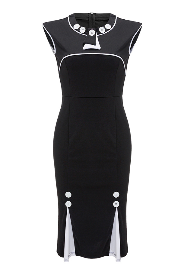  Trendy Round Neck Zipper Design Black Healthy Fabric Sheath Knee Length Dress