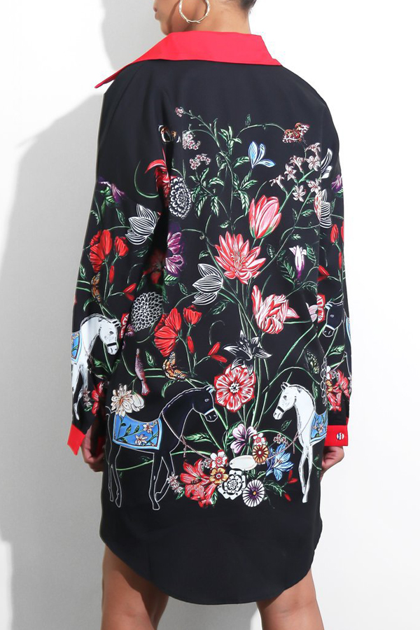  Trendy Turndown Collar Printed Black Polyester Mini Dress