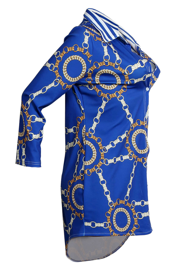  Trendy Turndown Collar Printed Blue Healthy Fabric Mini Dress(Without Belt)