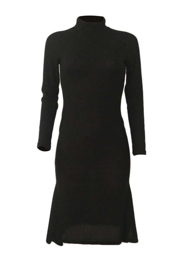  Trendy Turtleneck Asymmetrical Black Cotton Sheath Mid Calf Dress