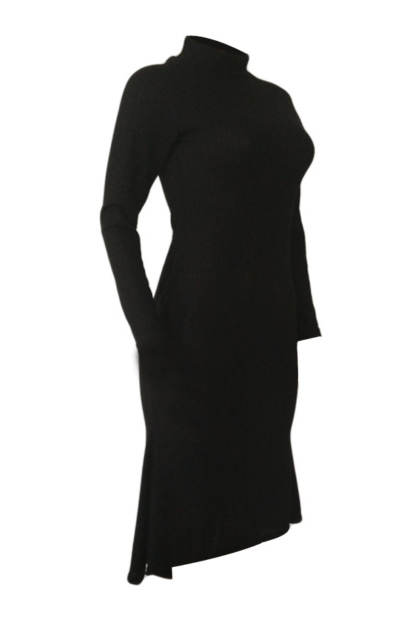  Trendy Turtleneck Asymmetrical Black Cotton Sheath Mid Calf Dress