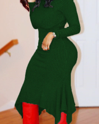  Trendy Turtleneck Asymmetrical Green Cotton Sheath Mid Calf Dress