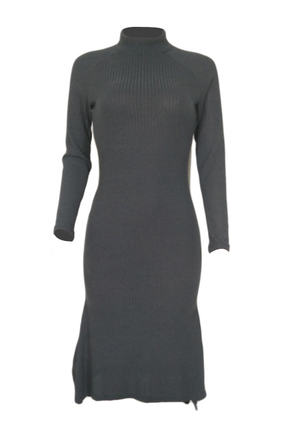 Trendy Turtleneck Asymmetrical Grey Cotton Sheath Mid Calf Dress