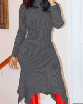  Trendy Turtleneck Asymmetrical Grey Cotton Sheath Mid Calf Dress