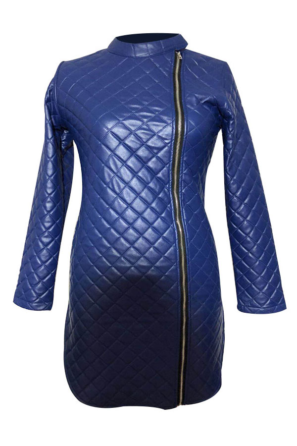  Trendy Turtleneck Long Sleeves Zipper Design Blue Leather Mini Dress
