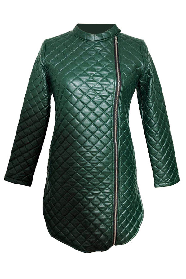  Trendy Turtleneck Long Sleeves Zipper Design Green Leather Mini Dress