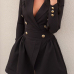  Trendy V Neck Double-breasted Design Black Linen Mini Dress