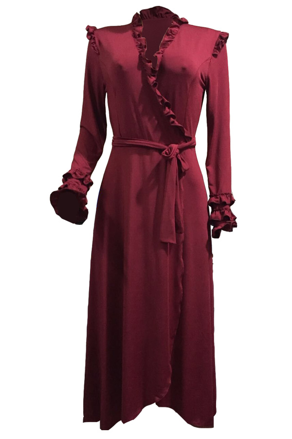  Trendy V Neck Falbala Design Wine Red Polyester Mid Calf Dress