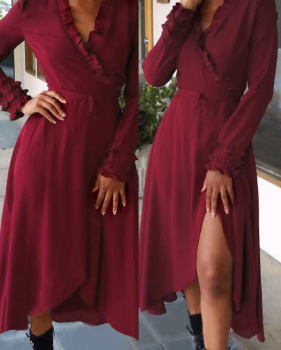  Trendy V Neck Falbala Design Wine Red Polyester Mid Calf Dress