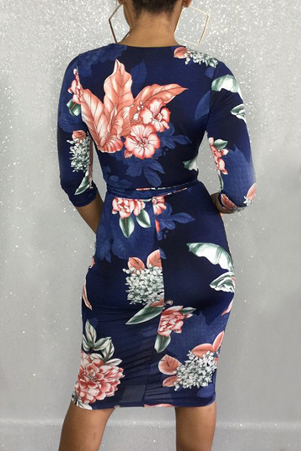  Trendy V Neck Floral Print  Polyester Sheath Knee Length Dress