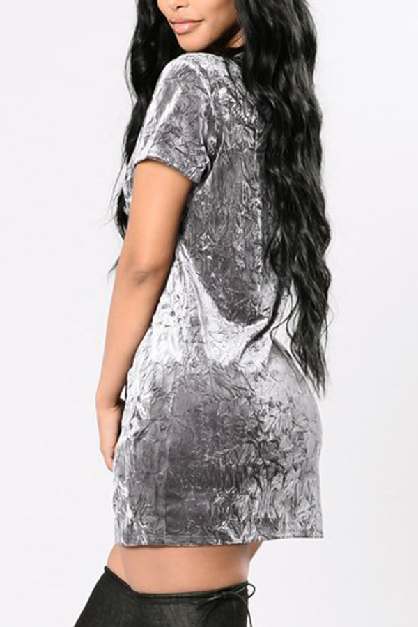 Trendy V Neck Lace-up Hollow-out Grey Velvet Sheath Mini Dress