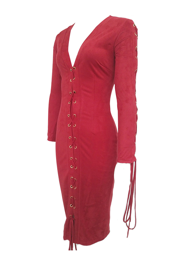  Trendy V Neck Lace-up Hollow-out Red Suede Sheath Knee Length Dress