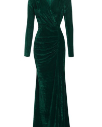  Trendy V Neck Velvet Fold Design Green Velvet Mermaid Ankle Length Dress