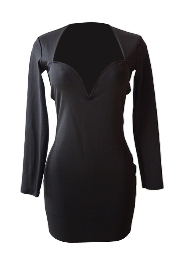  Trendy V Neck Zipper Design Black Polyester Sheath Mini Dress