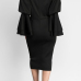  Vintage Mandarin Collar Trumpet Sleeves Ruffle Design Black Polyester Knee Length Dress