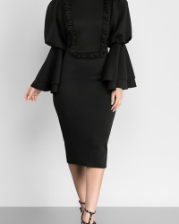  Vintage Mandarin Collar Trumpet Sleeves Ruffle Design Black Polyester Knee Length Dress
