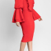  Vintage Mandarin Collar Trumpet Sleeves Ruffle Design Red Polyester Knee Length Dress