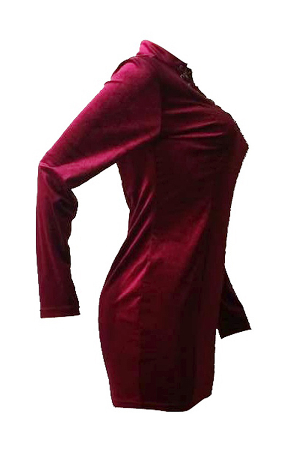  Vintage Round Neck Button Decorative Hollow-out Wine Red Polyester Mini Dress