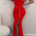  Vintage Show A Shoulder Side Slit Red Lace Ankle Length Dress(With Belt)