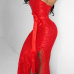  Vintage Show A Shoulder Side Slit Red Lace Ankle Length Dress(With Belt)