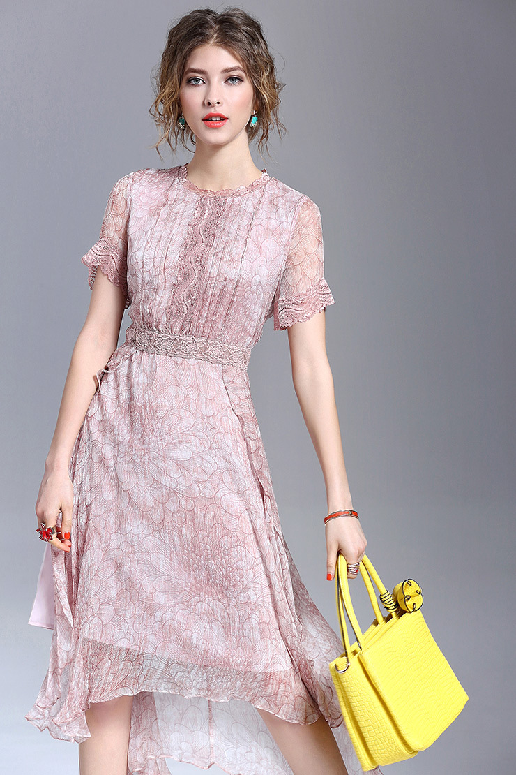 2019 Summer New European Station Women Fashion Silk Print Short Sleeve Slim Dress Maxi Dress #94999