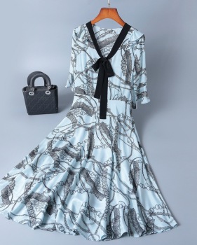 2019 short sleeve lace-up v-neck printed silk dress MIDI skirt womenswear temperament fashion big skirt woman #95053