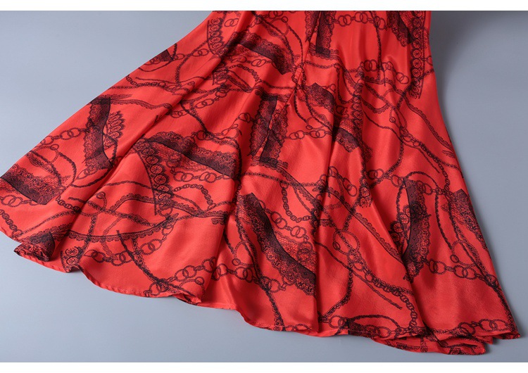 2019 short sleeve lace-up v-neck printed silk dress MIDI skirt womenswear temperament fashion big skirt woman #95054