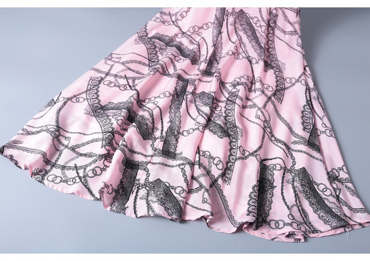 2019 short sleeve lace-up v-neck printed silk dress MIDI skirt womenswear temperament fashion big skirt woman #95055