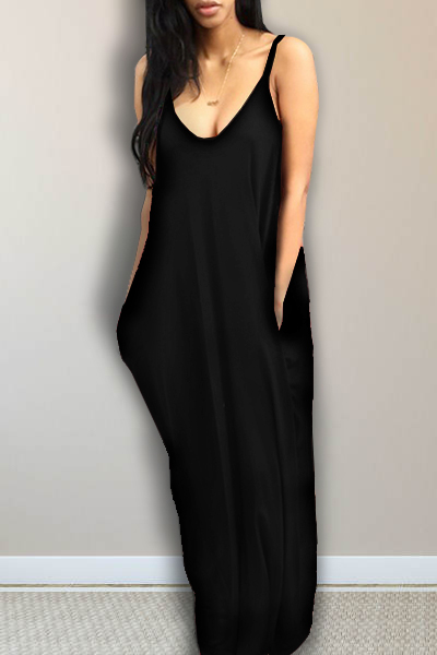 Alluring V Neck Spaghetti Strap Sleeveless Asymmetrical Black Cotton Blend Ankle Length Dress