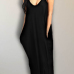 Alluring V Neck Spaghetti Strap Sleeveless Asymmetrical Black Cotton Blend Ankle Length Dress