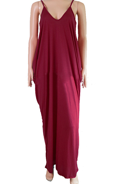 Alluring V Neck Spaghetti Strap Sleeveless Asymmetrical Wine Red Cotton Blend Ankle Length Dress